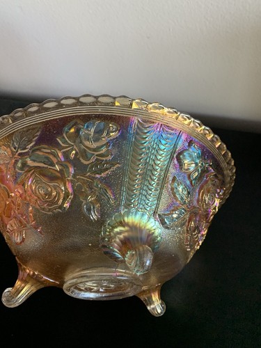 Vintage Imperial Marigold Carnival Glass Open Rose 3 Footed Bowl Iridescent - Picture 8 of 11