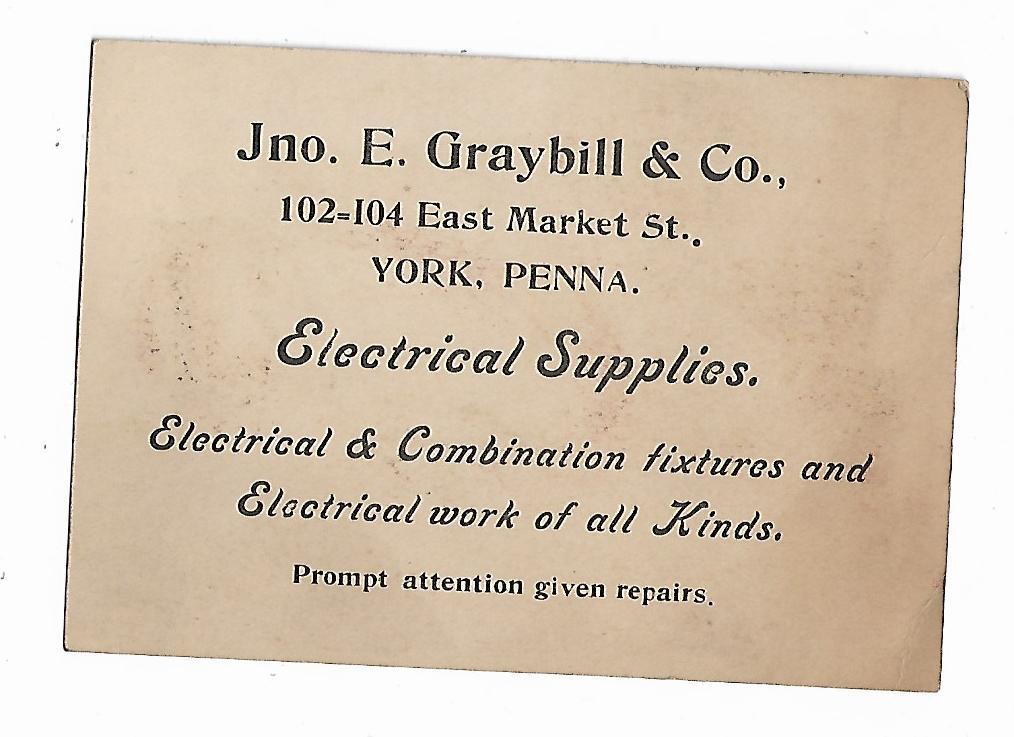 Trade Card Graybill Electrical Supplies York PA Electric Fixtures Boy