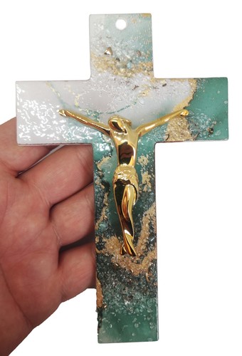 Wall Modern Glass Murano Crucifix Cross Gold White Green From Medjugorje 6.3" - Picture 1 of 17