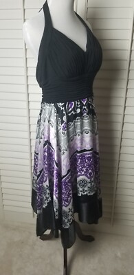 Sangria Halter Dress Backless Scarf hem floral purple black white layered  14 | eBay