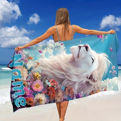 1pc ized White Lion & Multicolor Floral Name Beach Towel - Custom Text/Name, L