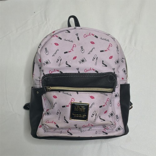 Cecile McBee Pink & Black Logo Mini Backpack Gold Zip Lined Inner Pockets