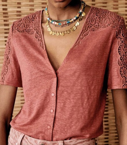 Sézane Lana 100% Linen Short Sleeve T-Shirt In Rosewood Size S Embroidery Detail - Picture 9 of 12