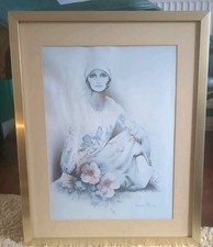 Sara Moon "Moshgan" Lady with Flowers  framed numbered Picture Vintage 1970s