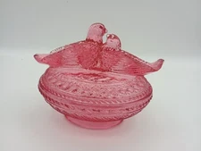 Vintage Viking Glass Thistle Pink Love Birds on Nest Covered Candy Dish