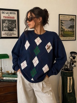 Vintage John Ashford Golf Argyle Sweater Embroidered Golf Bag Knit Pullover