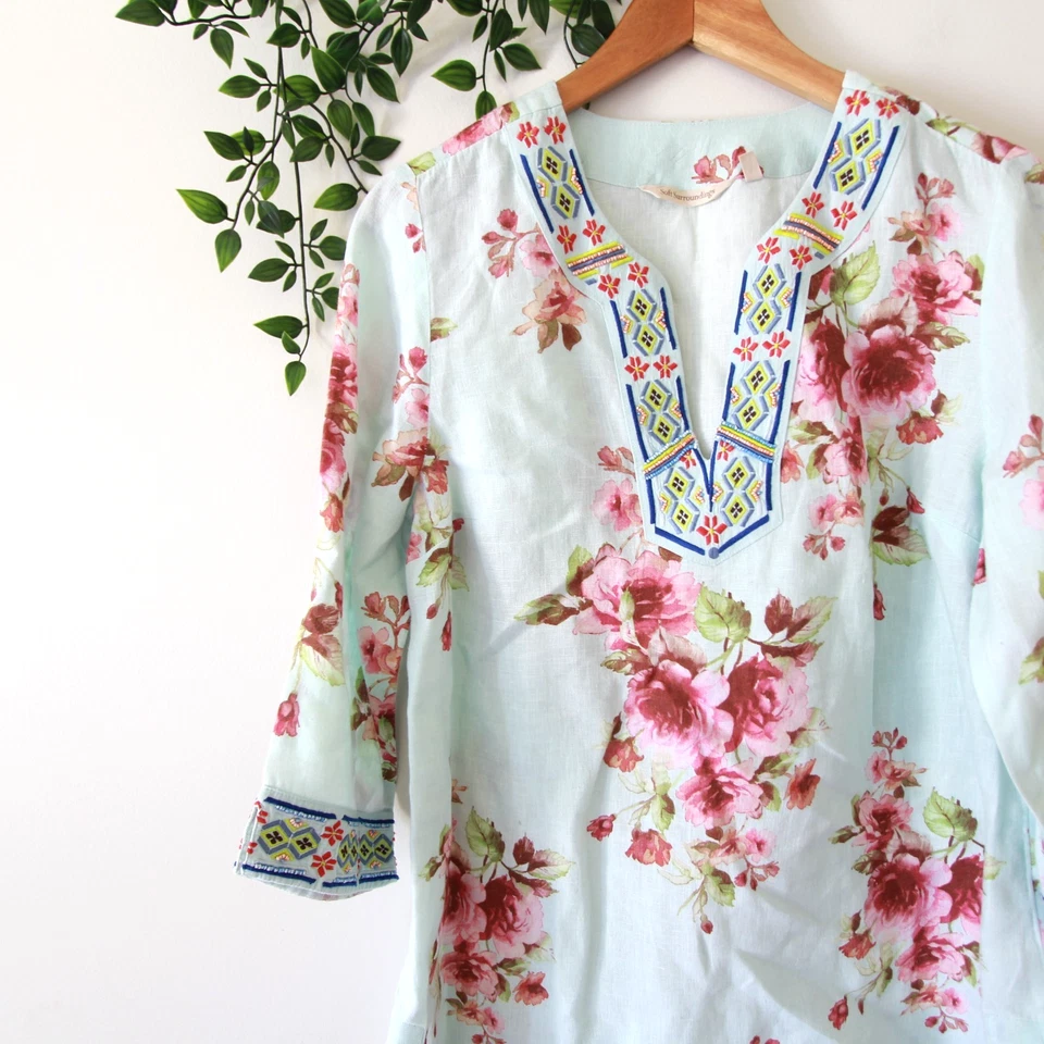 Top túnica Soft Surroundings azul y rosa floral con cuentas manga 3/4 cuello en V talla S Foto 2 de 4