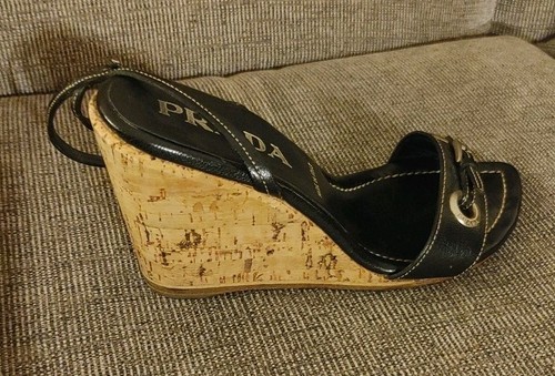 PRADA Italy Black Leather Cork Wedge Ankle Strap Sandals Women's EU 35 US 5 - Picture 5 of 11