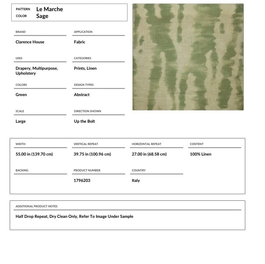 Clarence House Le Marche鼠尾草面料3 1/4码  — 第 4/4 张图片