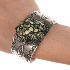 6.62" Lester Jackson Navajo Carved Variscite Frog sterling silver cuff bracelet