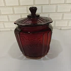 Vintage Ruby Red Glass Mayfair Octagonal Open Rose Cookie Jar with Lid