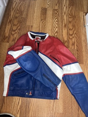 Spartan Leather Motorcycle Jacket Red Racing Stripes Size 42 Men s Medium