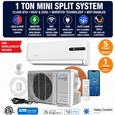 12000 BTU Mini Split Inverter AC Heat Pump 1 Ton 110V 18 SEER2 R32 WiFi Ductless