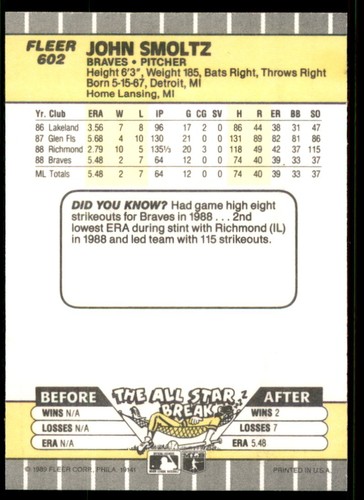 1989 Fleer #602 John Smoltz - Picture 2 of 2