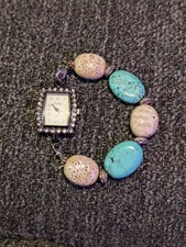 Womens Swap Beehive Watch Silver Tone  Jeweled Stone Beads Stainless Back READ