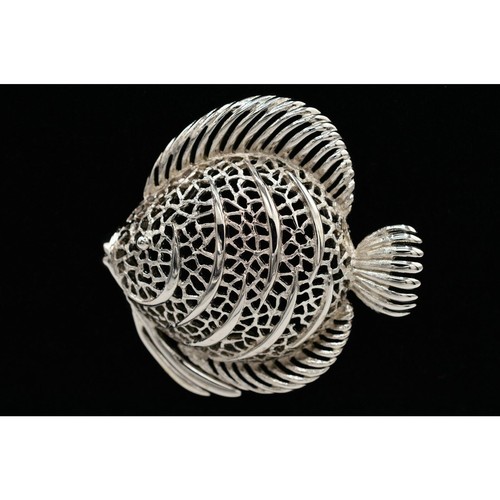 Vintage Pin Brooch Large Puffy Silver Tone Fish Filigree Statement 1980s 9B - Picture 1 of 12