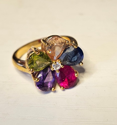 Anello cocktail vintage anni 80 tono oro, pietre multicolore, misura 8 - Foto 2 di 5