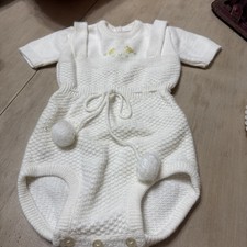 Vintage Baby Knitted Outfit Set with Pompoms 2 Piece Set Size 3-6 mo