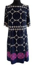 Eliza J Geometric Floral Navy/White/Magenta Short Sleeve Shift Dress Sz 10