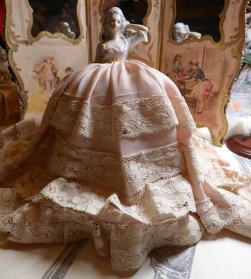 Porcelain Half Doll Lady Pincushion M Antoinette #8030 Arm up 8 1/2'' Peach dress
