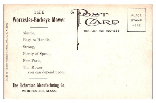 MASSACHUSETTS - WORCESTER-BUCKEYE MOWER - OLD ADVERTISING POSTCARD - Picture 2 of 2