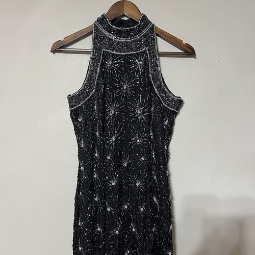 VTG Papell Boutique Evening Silk Beaded Maxi Dress Size 6 Floral Black Slit Prom - Picture 7 of 17