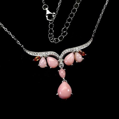 925 Sterling Silver Necklace Pear Pink Opal Rhodolite Sapphire Natural Gemstone - Picture 2 of 14