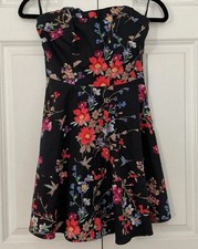 EXPRESS Strapless Floral Fit Flare Dress Size 2 Black Hummingbird Print Party