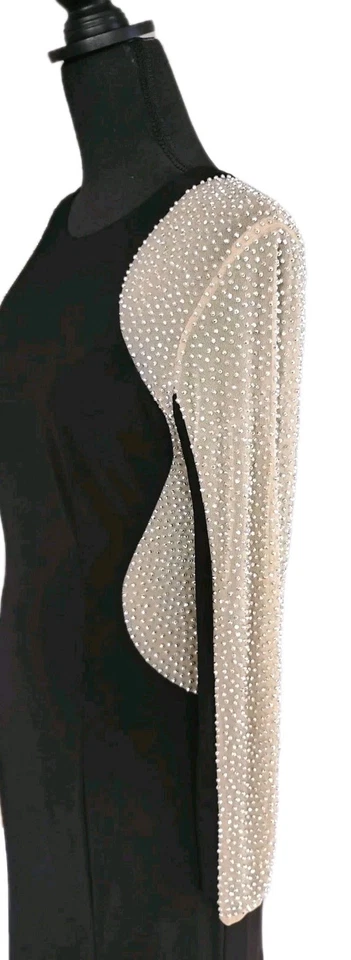 Vestido Xscape 10 preto bege nude noite rabo de peixe maxi formal malha vestido frisado M - Imagem 4 de 4