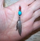 NAVAJO Native American Sterling Silver Turquoise Coral Feather Drop Pendant — photo 3