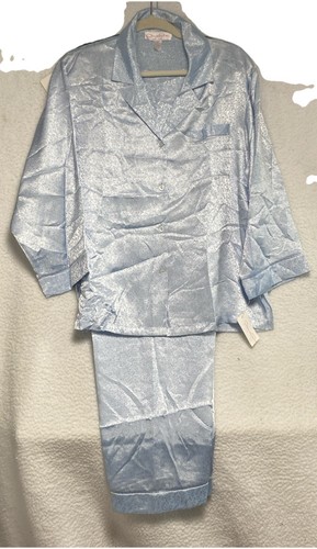 Vintage Oscar De La Renta Pink Label Satin Pajama Set Size Large Blue See Photo