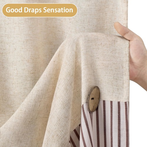 Linen Button Farmhouse Beige Shower Curtain,Linen and Cotton Woven Fabric,Ple... - Picture 4 of 6
