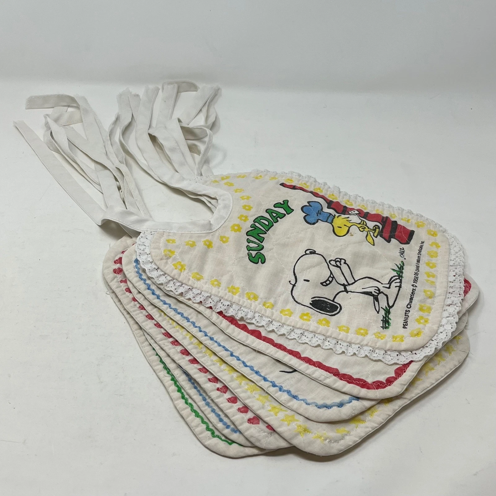 Vintage Peanuts Snoopy Days of the Week Baby Bibs 7 pc Set Sunday Monday Tuesday