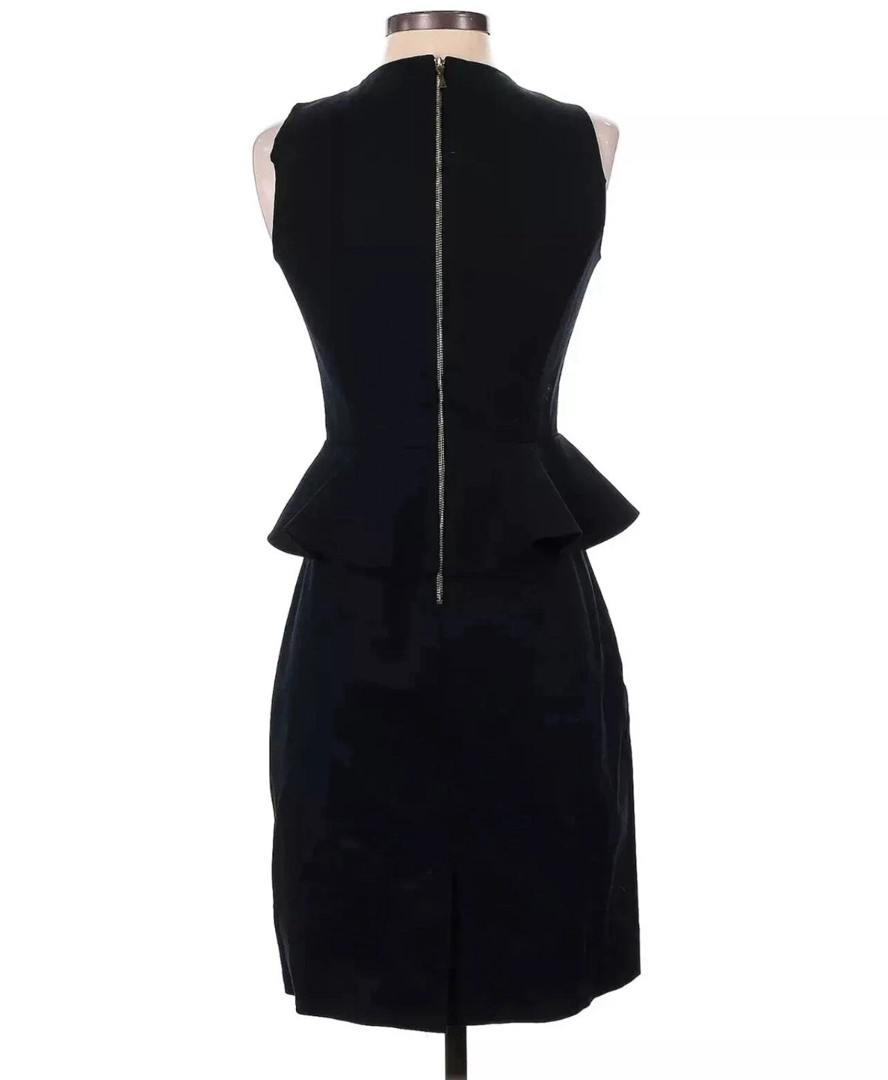 Abito nero a tubino Kate Spade taglia 0 senza maniche peplo lunghezza ginocchio cerniera oro