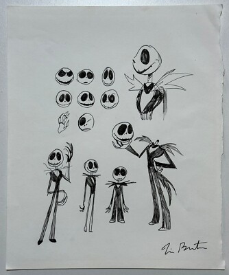 Tim Burton (Handmade) Drawing On Old Paper Signed & Stamped, vtg