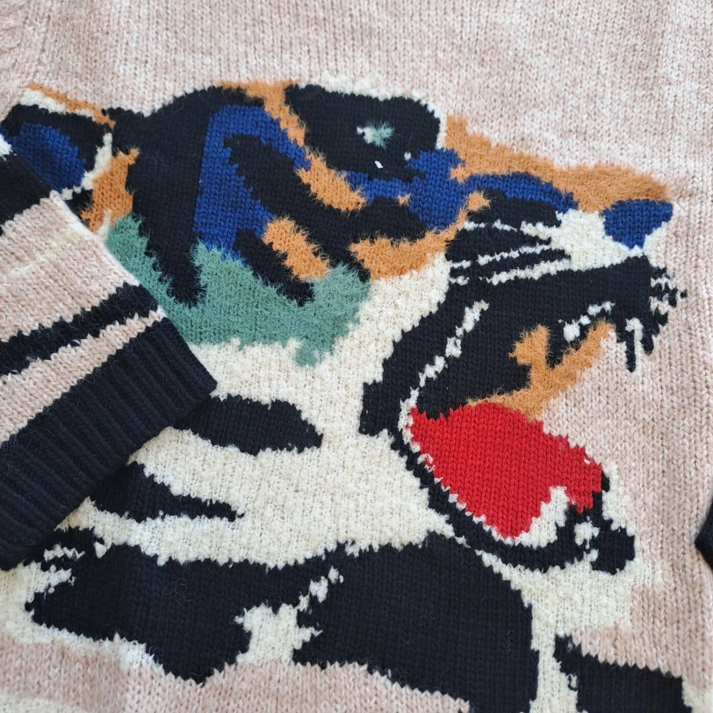 KENZO Vestito Maglione Tigre Intarsiato Maglia Misto Lana Mohair Beige Taglia M