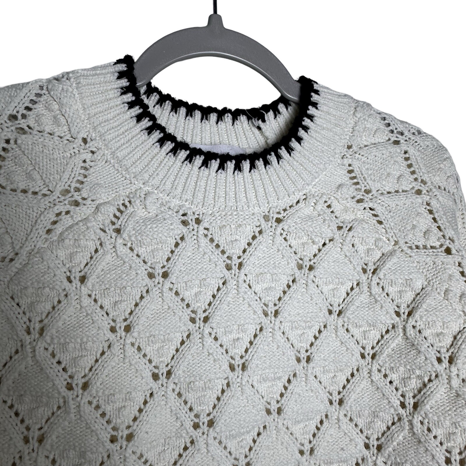 ZARA Girls Crochet Sweater Size 9-10 Ivory Black Trim Openwork image 3