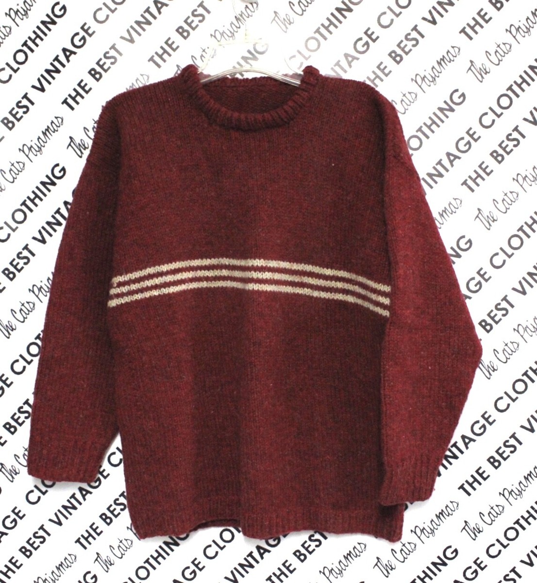 Vintage Hand knit Wool Ski Sweater Top, w/Chest Stripe, Red, Mens 