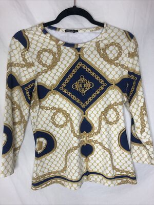 J McLaughlin Signature Tee Catalina Cloth Cream Blue Gold Chains Lions Size S