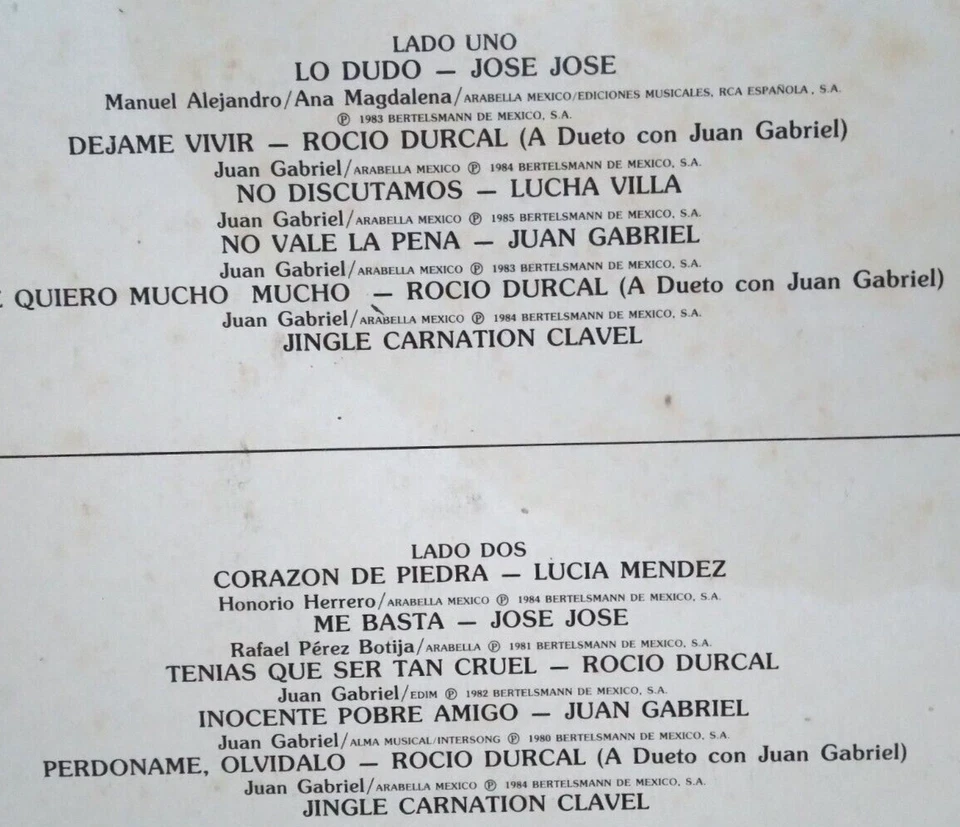 JUAN GABRIEL ROCIO DURCAL JOSE JOSE 1986 CARNATION CLAVEL SPECIAL ED. MEXICAN LP - Image 3 of 4