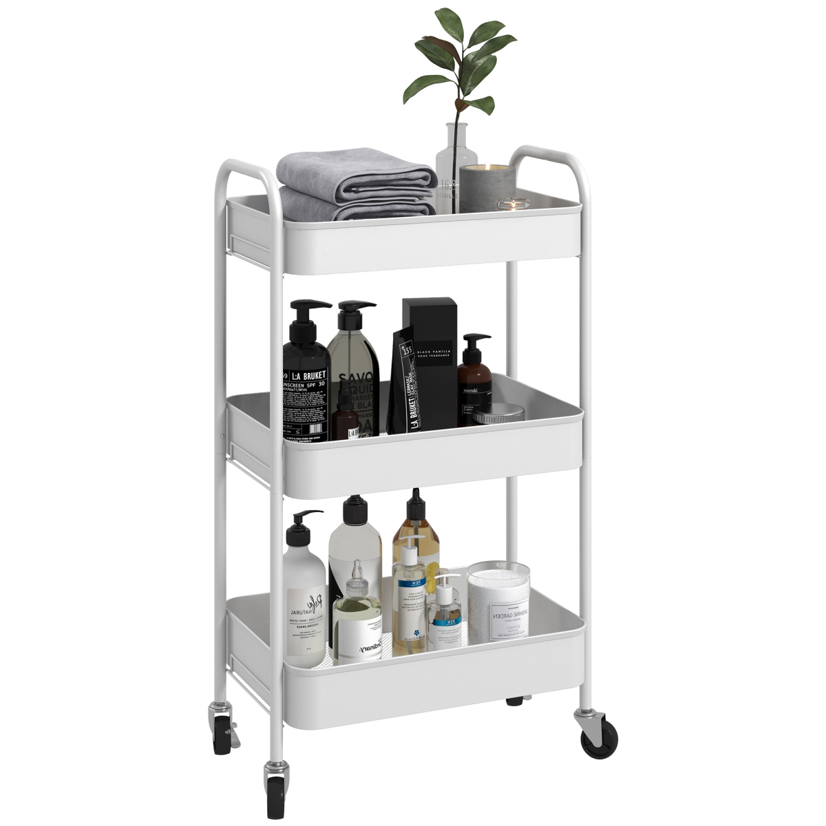 3 Tier Rolling Utility Cart with 3 Mesh Basket, White HOMCOM