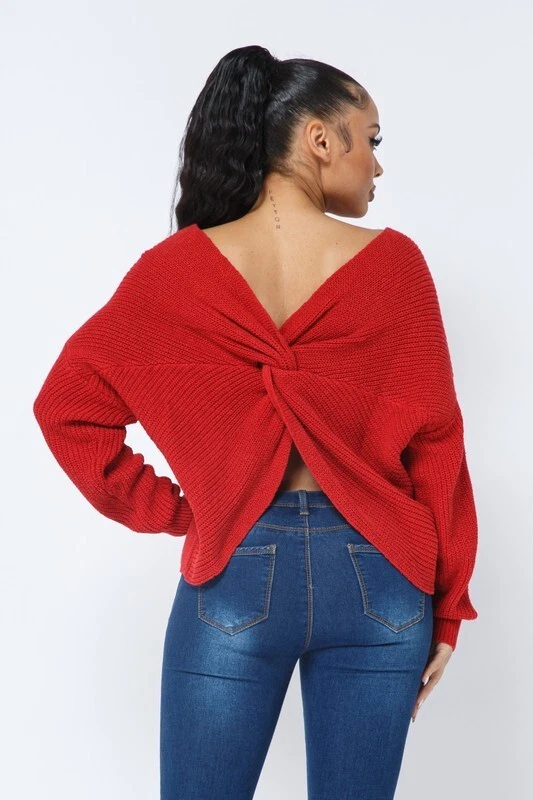 Open twist top back sweater