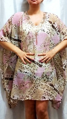 Tunic Dress Mini Sun Summer Caftan Beach Pink Beige Poncho Flower Paisley Top