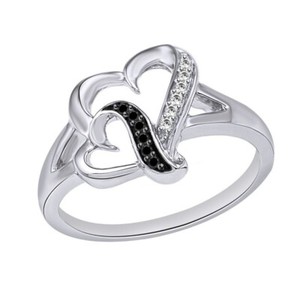 Authentic 1/20 Ct Black & Simulated Diamond Heart Promise Ring 18K White Gold Plated