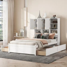 Full Queen Size Platform Bed with Storage Drawers & Bookcase Headboard Wood Beds