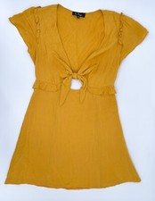 Lulus Dress Womens Medium Gold Ruffle Tie Front Fit Flare V-Neck