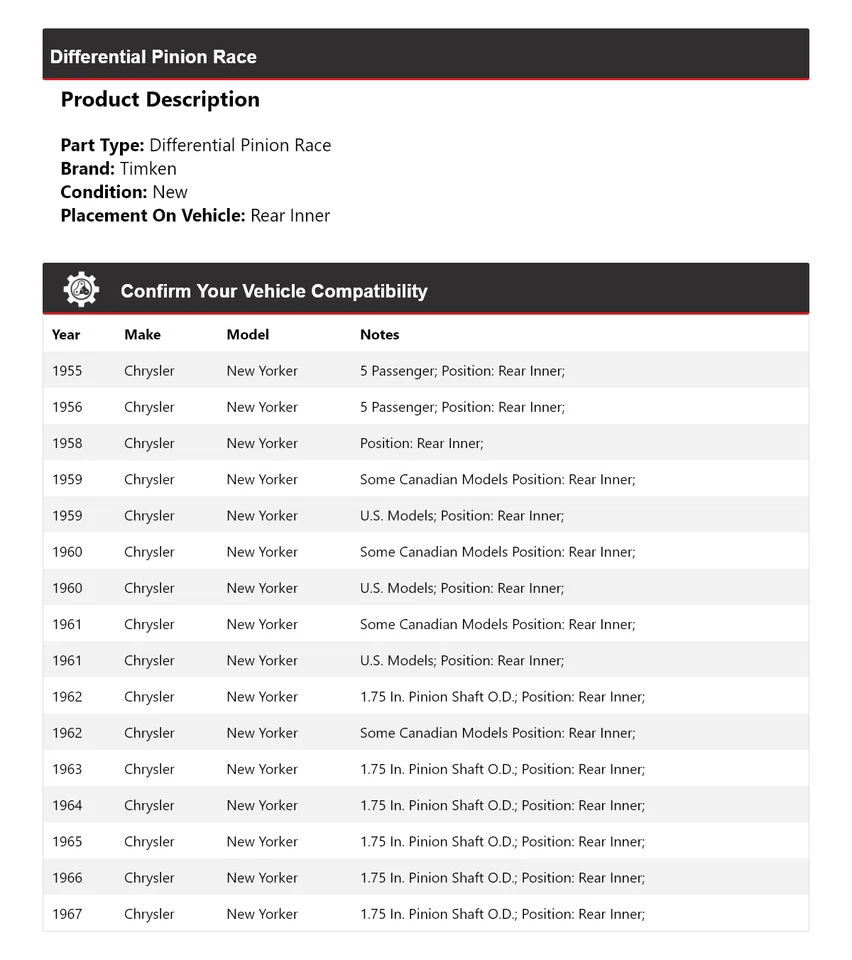 Para Chrysler New Yorker 1955-1956, 1958-1967 Diferencial Piñón Carrera Timken Foto 2 de 4