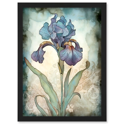 Eine einzelne Iris Blume Aquarell Illustration gerahmt Wandbild Bild Druck A4