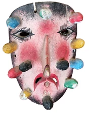 Vtg Folk Art Mask Carved Wood and Plaster? Long Nose Colorful Face Theatrical