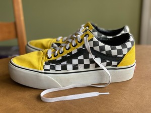 checkerboard vans yellow line